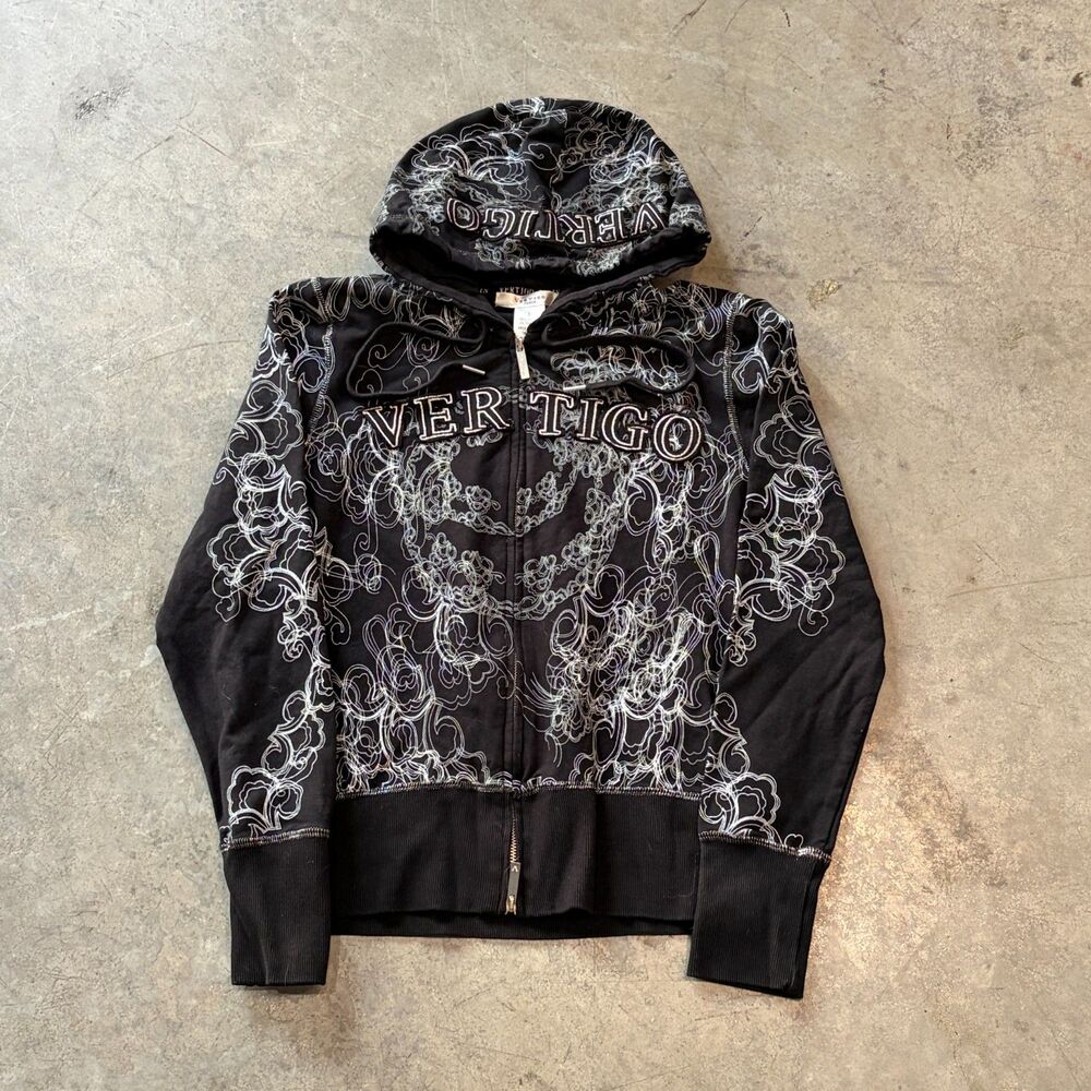 Vintage 90s 00s Y2K Vertigo Paris Women's Size L Black Full Zip Hoodie Grunge